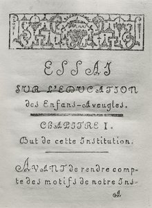 Página de rosto do primeiro capítulo de Essai sur leducation des aveugles de Valentin Hauy (1745-1822) publicado em 1786 de French School