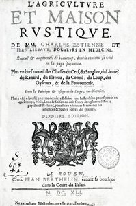 Página de rosto da Agriculture and Rustic House, de Charles Estienne, edição publicada em 1641 (impressão tipográfica e gravura) de French School