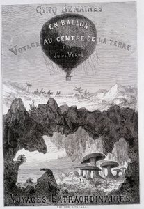 Página de título: "Cinco Semanas em Balão" e" Journey to the Center of the Earth" por Jules Verne, sd. Editions Hetzel sob o nome geral "Les Voyages Extraordinary" (Viagens Extraordinárias) de French School