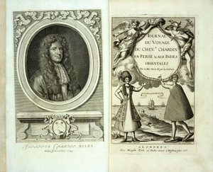 Página de rosto e retrato do frontispício do diário de viagem de Chevalier Chardin na Pérsia e das Índias Orientais por Jean Chevalier Chardin, 1686 de French School