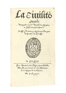 Página de rosto de &39;A civilidade pueril à qual adorávamos a disciplina e a instrução das crianças. Também A doutrina e os ensinamentos do pai de família aos jovens &39;por Desiderius Erasmus de French School