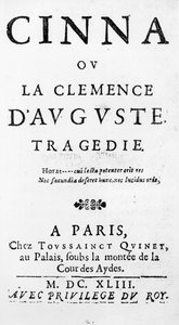 Página de título de Cinna ou o Clemence de Augustus por Pierre Corneille (1606-84) publicado em 1643 de French School
