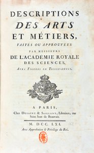 Página de título de "Descrições de Artes e Metiers feitas ou aprovadas por cavalheiros da Academia Real das Ciências". 1761 de French School