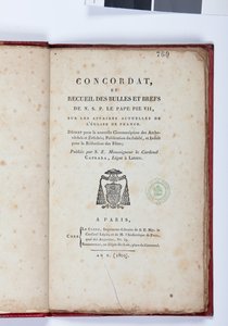 Página de título da Concordata e Colecção dos Touros e Manchas do NSP Papa Pio VII, publicado por Giovanni Battista Caprara, Paris, Chez Le Clers, 1802 (impresso) de French School