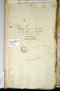 Página de título do manuscrito original do Segundo Capitão Chanal, a "Viagem ao redor do mundo no Capitão Marchand Sólido" (um Diário de Bordo). 1791-1792. Arquivo Nacional de Paris. de French School