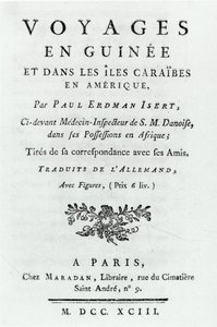 Titlepage for Travels in Guinea and the Caribbean Islands in America por Paul Erdman Isert, publicado em 1743 de French School