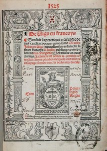 Página de título de um livro sobre cirurgia de Jean de Vigo (1460-1525) 1525 (xilogravura) de French School