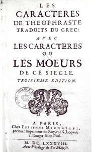 Titlepage of Os personagens de Theophrastus traduzido do grego, com os caracteres ou as maneiras deste século de La Bruyere (1645-96) 1688 de French School