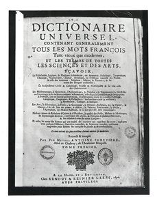 Titlepage do Dictionnaire Universel por Antoine Furetiere (1619-88) 1690 (impressão) de French School