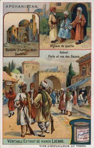 Top: Mesquita Achmed Shah em Kandahar e retratos de afegãos ricos. Em baixo: Bazar de Cabul no Afeganistão. Cromolitografia publicitária do século XIX. de French School