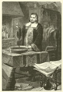 Torricelli inventando o barômetro (gravura) de French School
