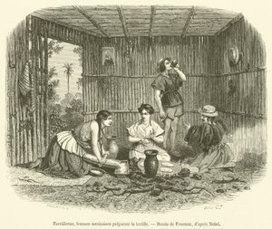 Tortilleras, mulheres mexicanas preparando a tortilha (gravura) de French School
