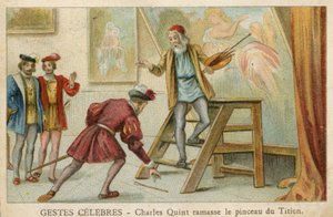 Cartão comercial mostrando Charles Quint pegando o pincel de Ticiano (cromolitro) de French School