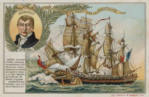 Cartão de comércio com uma imagem representando a captura do East Indiaman Kent pelo Confiance de French School