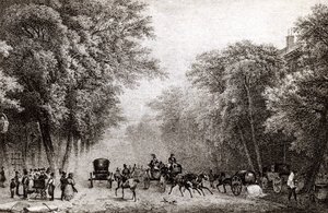 Tráfego em Paris, França, no século XIX, por volta de 1830 de French School
