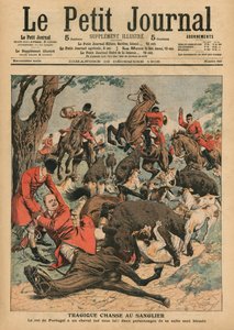 Caça ao javali trágico, o cavalo de Carlos I, rei de Portugal, é morto sob ele, ilustração da capa do &39;Le Petit Journal&39;, suplemento ilustre, 23 de dezembro de 1906