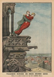 Suicídio trágico de dois jovens da torre da catedral em Antuérpia, ilustração da capa traseira do &39;Le Petit Journal&39;, suplemento ilustre, 11 de maio de 1913