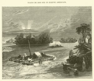 Trens de madeira em um rio americano (gravura) de French School
