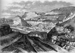 Transformações de Paris sob o Segundo Império, Paris Haussmannian : transformação num parque das pedreiras de gesso de Buttes-Chaumont (Buttes Chaumont). Gravura em "Le Monde Illustre" n°306 de 21 de Fevereiro de 1863. de French School