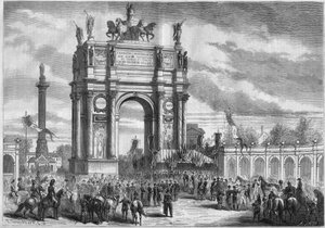 Transformações de Paris sob o Segundo Império, Haussmann Paris: arco do triunfo na inauguração do Boulevard du Prince Eugene (hoje Boulevard Voltaire) por Napoleão III. Gravura no "Le Monde Illustré" n°296 de 13 de Dezembro de 1862. de French School