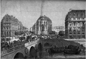 Transformações de Paris sob o Segundo Império, Haussmann Paris: vista da fonte Saint Michel (1860), na Boulevard de Sebastopol. Gravura no "Le Monde Illustré" n°175 de 18 de Agosto de 1860. de French School