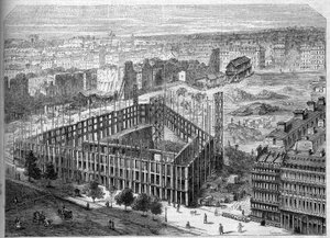 Transformações de Paris sob o Segundo Império, Paris Haussmann: construção do Hotel de la Paix e vista para a localização da futura Opera Garnier, entre as ruas Neuve des Mathurins, Chaussee d