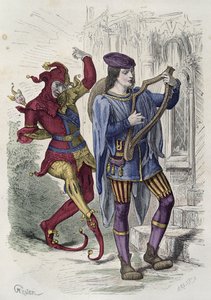 Viajando músico e dança de tolo de tribunal (gravura de cor) de French School