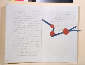Tratado entre Napoleão I (1769-1821) e Imperador Franz II (1768-1835), assinado em Presburg 26 de dezembro de 1805 (caneta e tinta sobre papel) de French School