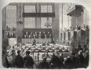 Julgamento de William Palmer, no Tribunal Penal Central, Maio de 1856, por envenenamento de John Parsons Cook, em Rugeley (gravura) - William Palmer perante o Tribunal Penal Central em Londres em 1856 - Gravura em "Causes celebres de tous peuples" de Arman de French School