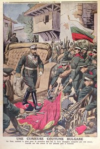Czar Ferdinand I (1861-1948) da Bulgária caminhando sobre bandeiras capturadas durante a Guerra dos Balcãs de 1912, novembro de 1912 de French School