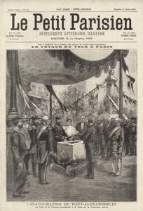 O czar Nicolau II e a czarina Alexandra da Rússia numa cerimónia de lançamento da primeira pedra da Pont Alexandre III em Paris durante a sua visita a França de French School