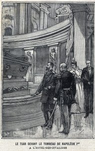 O Czar Nicolau II da Rússia (1868-1918) e a Czarina Alexandra Fiodorovna Romanova (1872-1918) em frente ao túmulo de Napoleão I Bonaparte no Hotel des Invalides em Paris, no "Le Petit Parisien". de French School