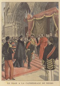 O czar Nicolau II da Rússia na Catedral de Reims durante a sua visita à França (cor litho) de French School