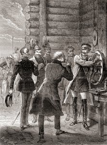 Czar Nicholas I inaugurando a linha telegráfica do semáforo entre Moscou e Varsóvia em 1833, usando uma modificação do sistema de semáforo de Claude Chappe, de Les Merveilles de la Science, publicado c.1870 (gravura) de French School