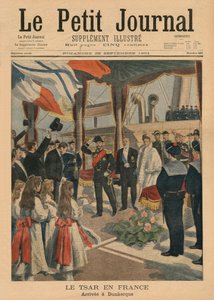Czar Nicolau II na França, chegando em Dunquerque, ilustração da capa do &39;Le Petit Journal&39;, suplemento ilustrado, 29 de setembro de 1901 (cor lito)