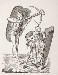 Dois besteiros franceses do século 15, um disparando sua arma, o outro carregando-o com um guincho, ambos protegidos por pavios, de "Les Arts au Moyen Age", publicado em 1873 de French School