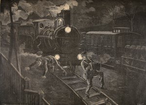 Dois homens atingidos por uma ilustração de trem do Le Petit Journal: Supplement illustre, 1898 de French School