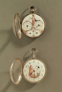 Dois relógios de bolso decorados com símbolos revolucionários (metal e esmalte) de French School