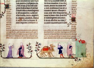 Duas cenas da história de Rebecca no poço, da Bíblia de Jean de Sy, c.1355 de French School