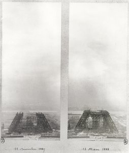 Duas vistas da construção da Torre Eiffel, Paris, 12 de dezembro de 1887 e 15 de março de 1888 de French School