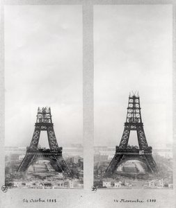 Duas vistas da construção da Torre Eiffel, Paris, 14 de outubro e 14 de novembro de 1888 de French School