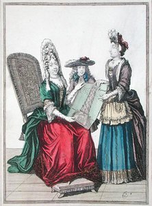 Duas mulheres e um rapaz admirando uma gravura do Grande Farol de Alexandria, no final do século XVII (gravura colorida) de French School