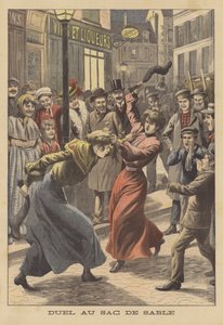 Duas mulheres a lutar com meias cheias de areia (litografia a cores) de French School