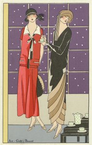 Duas mulheres tomando chá e vestidas com designs de Jean Patou e Beer, do pub Art-Goût-Beauté. 1924 de French School