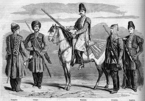 Tipos e fardas da escolta especial do imperador da Rússia. Da esquerda para a direita: Trompete, cossaco, muçulmano, circassiano e lésbico. Gravura em "Le Monde Illustré" n°153 de 17 de Março de 1860. de French School