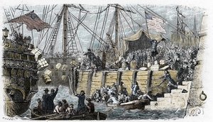 Guerra da Independência dos EUA: revolta dos colonos americanos (de origem britânica) contra os impostos impostos impostos pelo Parlamento inglês sobre o chá e outros produtos alimentares. Eles disfarçam-se de índios e atiram a carga do chá ao mar depois d de French School