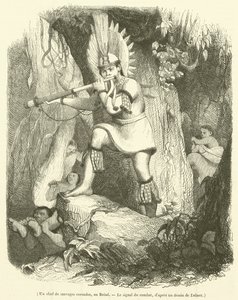 Um líder de coroados selvagens, no Brasil, O sinal da luta (gravura) de French School