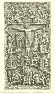 Um lado da capa de marfim de um livro de evangelista guardado na Biblioteca Imperial (gravura) de French School