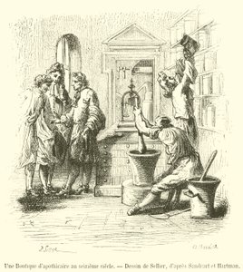 Uma loja de boticário no século XVI (gravura) de French School