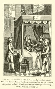 Uma sala do Hotel-Dieu no século XVIII, o mencionado Duque de Chartres, acompanha seu governante, sangrando um paciente, Dapres uma gravura do tempo comunicado pelo Sr. Romain Boulenger (eng de French School